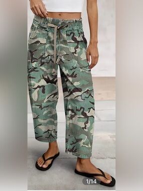 Flamingals Camo Drawstring Mid Waist Barrel Leg Crop Jeans